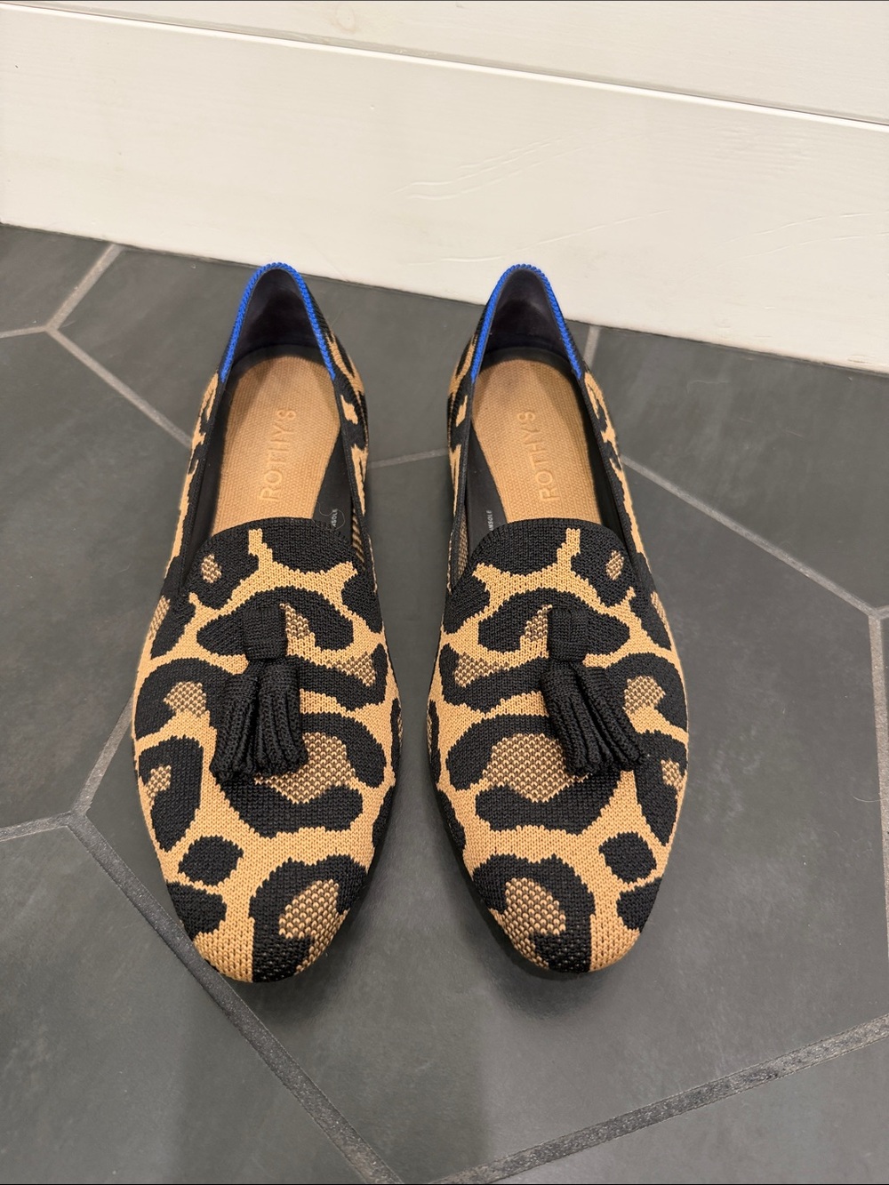 Rothy's Leopard Knit Tassel Loafers - Black & Tan